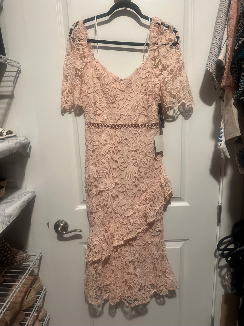 Lulu's Blush Lace Midi Dress with Ruffle Hem